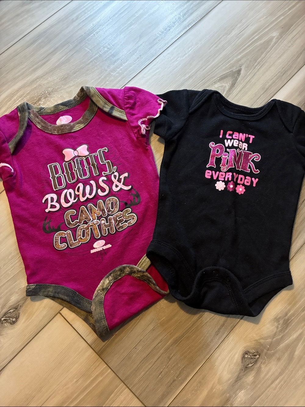 4️⃣ Cherokee Denim Shortalls with Pink and Black Graphic Onesies